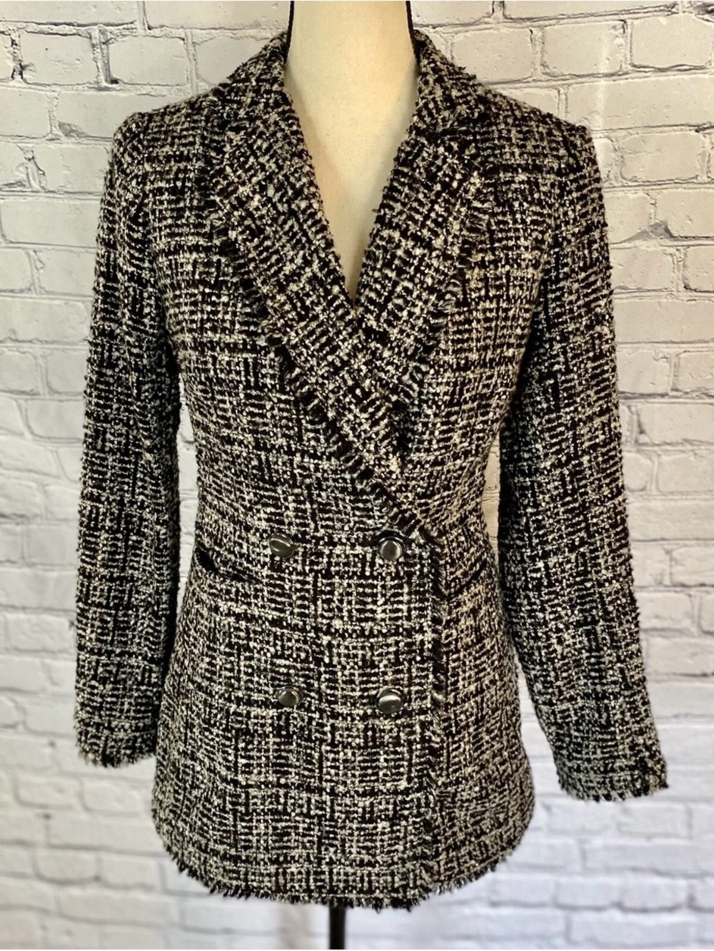 Banana Republic Double-Breasted Black & White Tweed Blazer Jacket NWT Sz 0